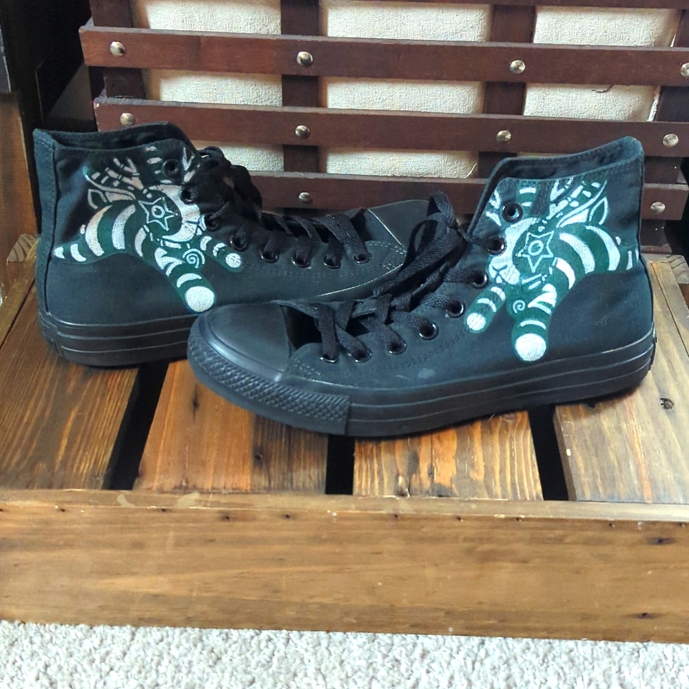 Custom OOAK Converse Monochrome Black Hi Tops Sneakers Shoes 7.5 Men 9.5 Women